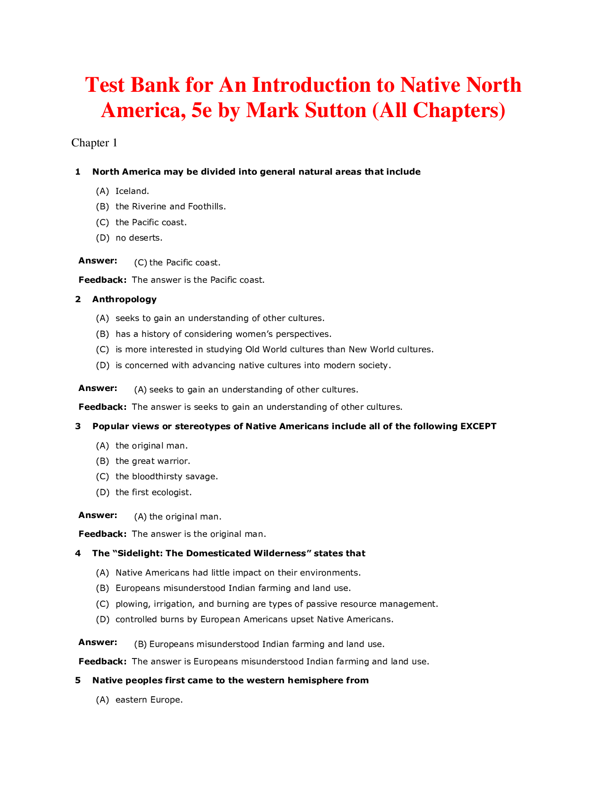 Preview of An Introduction to Native North America 5th Edition By Mark Sutton (Test Bank All Chapters